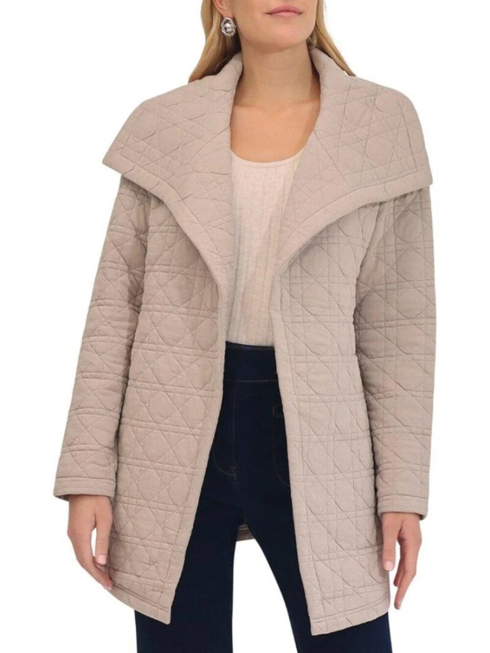 Bagatelle Quilted Open-Front Trench Coat in Light Taupe